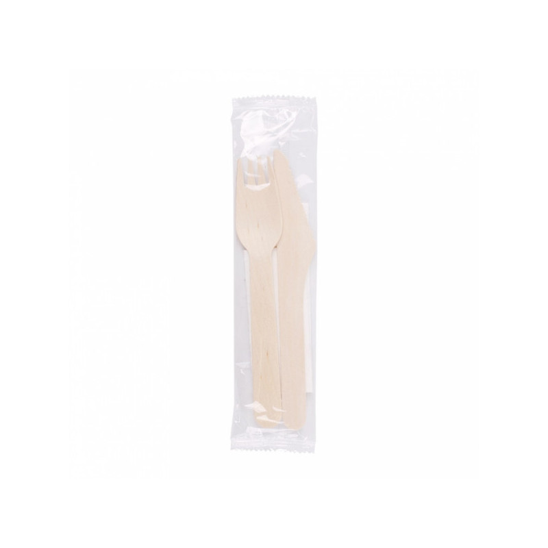 Sachet 3/1 couteau+fourchette+serviette en bois