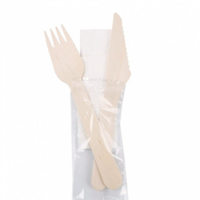 Sachet 3/1 couteau+fourchette+serviette en bois image